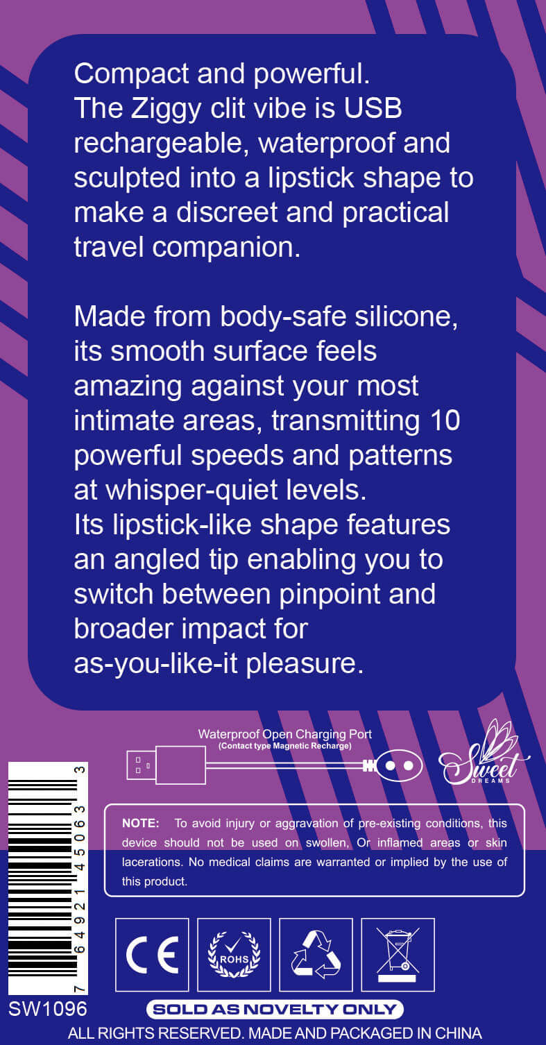 Ziggy vibrator packaging description and features.