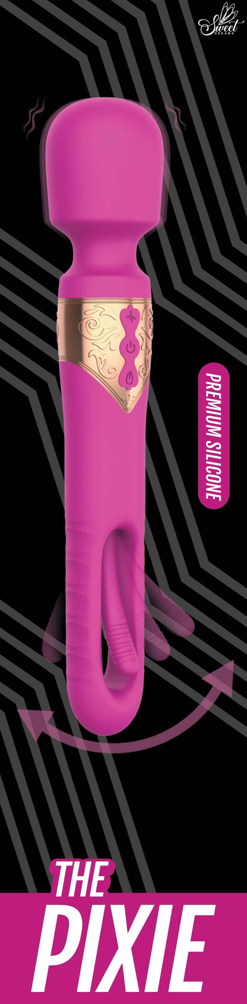 Pixie dual function vibrating wand massager for G-spot and C-spot stimulation in vibrant pink with gold accents and premium silicone finish