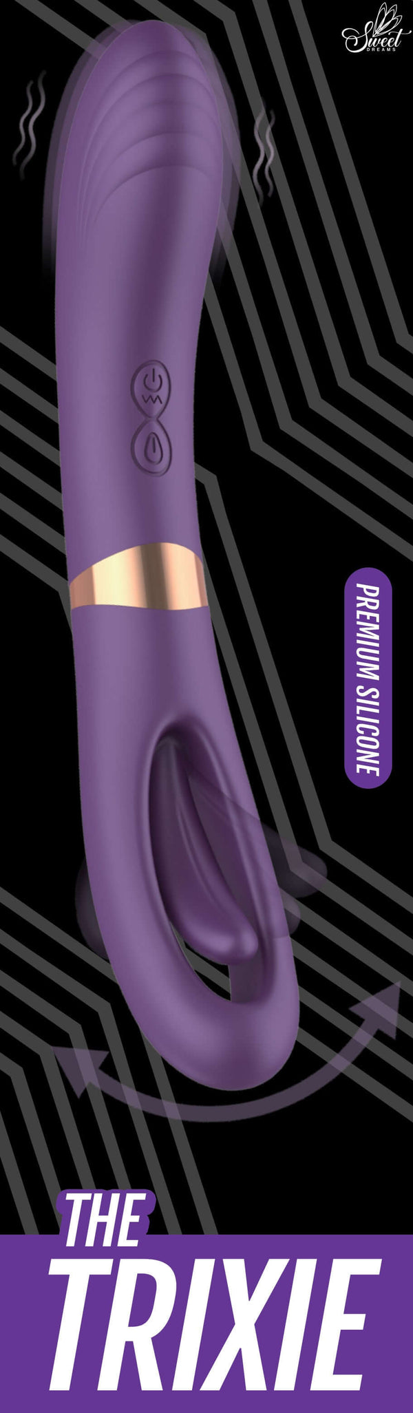 Trixie Dual Function Vibrator in purple with 10 vibration modes, flicking function, and waterproof, made of premium body-safe silicone.