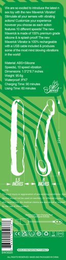 Rear packaging of Maverick Realistic Dildo Vibrator showing product dimensions, materials, and key features in white text on green background.