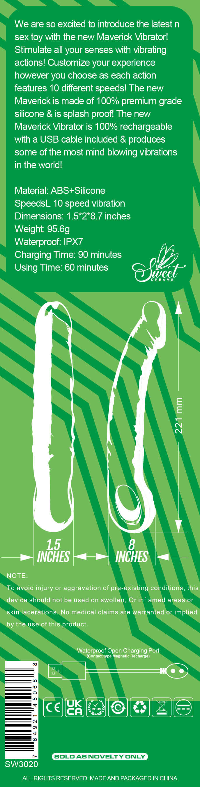 Rear packaging of Maverick Realistic Dildo Vibrator showing product dimensions, materials, and key features in white text on green background.