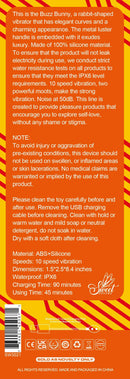 Buzz Bunny Rabbit Vibrator packaging back with product description, features, safety instructions, and company logo