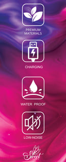 Features of the 2 Fingers G-spot Clitoral Stimulator including premium materials, charging, water-proof, and low-noise.