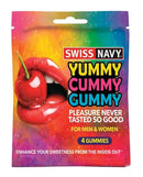 Swiss Navy Yummy Cummy Gummies 4 Pack packaging with colorful design and tasty fruit flavors.