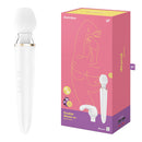 Satisfyer Double Wand-er Wand Massager White with two interchangeable heads in packaging.