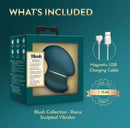 Blush Riana Silicone Clitoral Stimulator Dark Teal packaging with USB charging cable and warranty details.