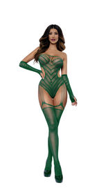 Dreamgirl Chevron Garter Teddy With Gloves Emerald One Size displayed on a model wearing matching gloves.
