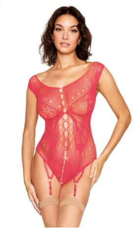Seamless Butterfly Garter Teddy in Watermelon with Rhinestone Accents and Open-Crotch Design