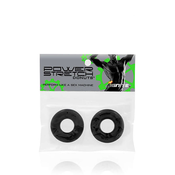 Si Novelties Ignite Power Stretch Donuts 2 Pack - Black cock rings in packaging for enhanced stamina and intensified pleasure