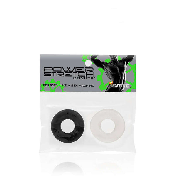 Si Novelties Ignite Power Stretch Donuts 2 Pack Black and Clear Cock Rings for Performance Enhancement