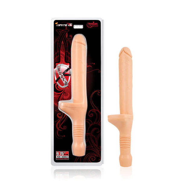 Ignite series Si Novelties phthalate-free sword-shaped product with flesh handle, promoting passion and pleasure.