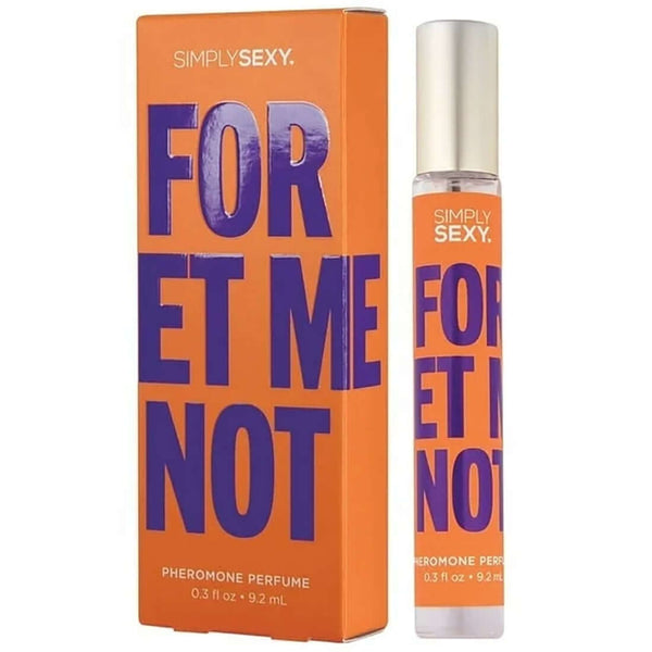 Simply Sexy Forget Me Not Pheromone Perfume Oil Roll On - .34 Oz, inspired by YSL Black Opium, with vibrant orange packaging.