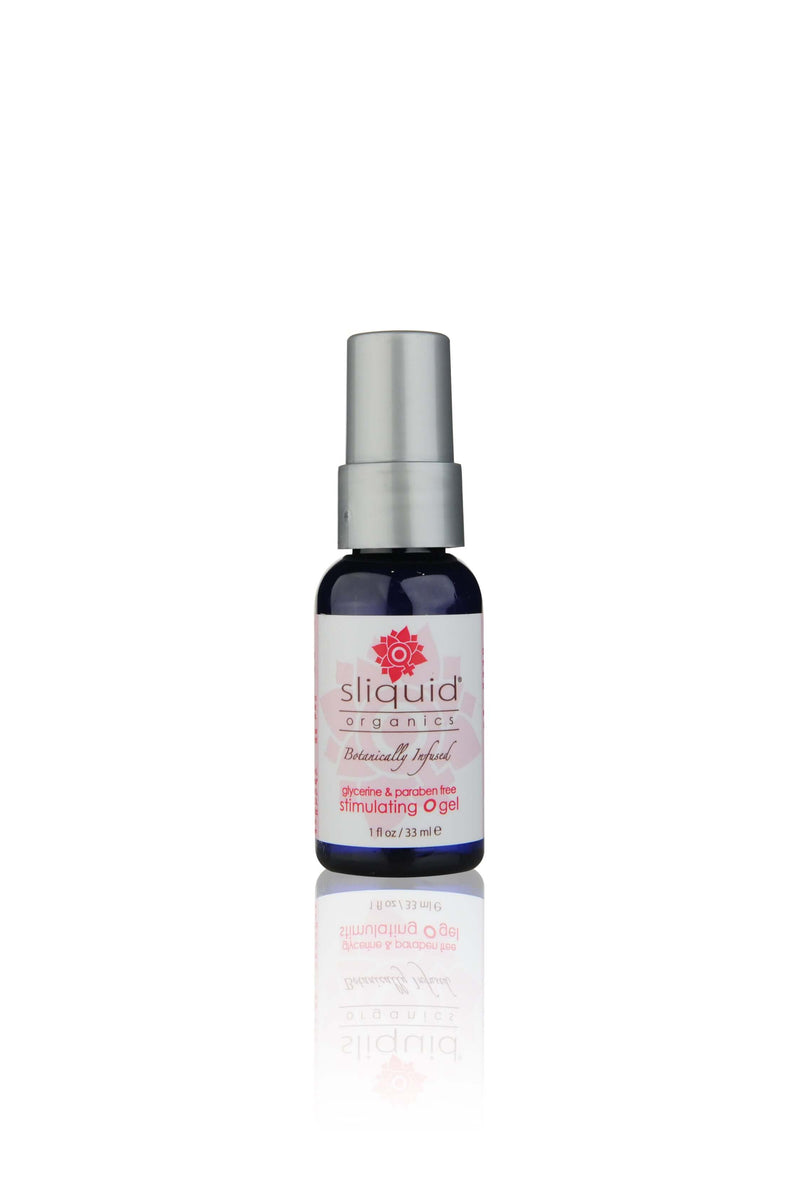 Sliquid Organics Stimulating O Gel 1oz bottle, vegan clitoral stimulation lubricant with natural ingredients.