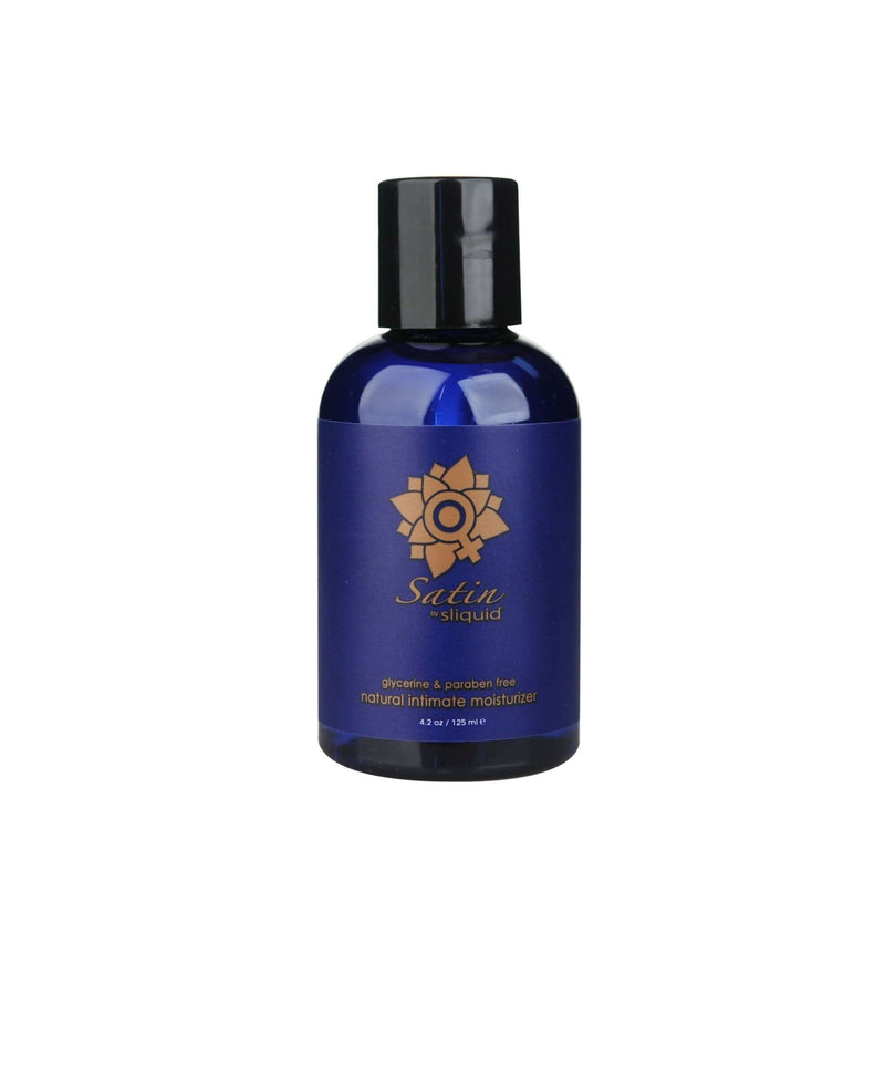 Sliquid Naturals Satin Liquid Intimate Moisturizer 4.2 oz bottle infused with Aloe Vera and Carrageenan, water-based formula.