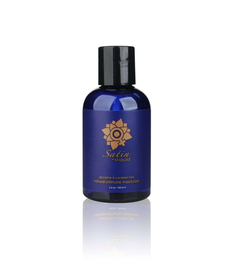 Sliquid Naturals Satin Liquid Intimate Moisturizer 4.2 oz bottle, water-based with Aloe Vera and Carrageenan, blue packaging.