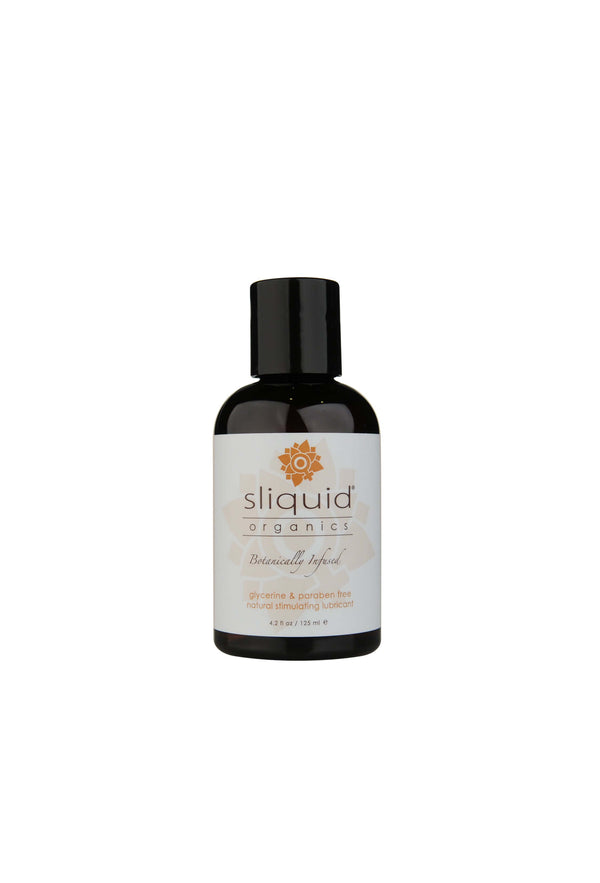 Sliquid Organics Sensation lubricant 4.2 oz bottle, water-based and naturally warming, enhances intimate pleasure.