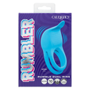 Rumbler Rumble Vibrating Dual Cock Ring Blue packaging with turbo-charged vibrations and dual-ring design.