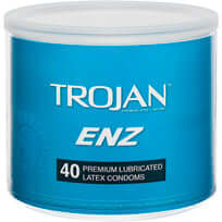 Trojan ENZ lubricated latex condoms 40-piece display bowl for premium quality and reliable performance.