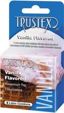 Trustex Vanilla Flavored Latex Condoms 3 Pack packaging with vanilla flavor description and reservoirs.