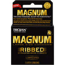 Trojan Brand Condom Magnum Ribbed 3 Pack packaging showcasing ribbed large size condoms for enhanced stimulation.