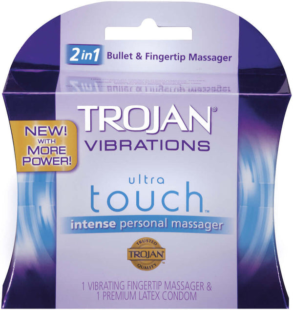 Trojan Ultra Touch Intense Personal Massager package with 2-in-1 bullet and fingertip design for versatile stimulation needs.