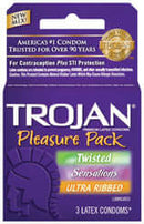 Trojan Pleasure Pack Condoms 3 Pack featuring Twisted, Sensations, and Ultra Ribbed condoms for enhanced pleasure.