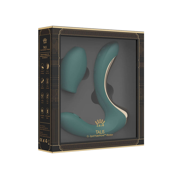 ZALO Talis G-Spot PulseWave Vibrator in box, turquoise green luxury sex toy with clitoral and G-spot stimulation.