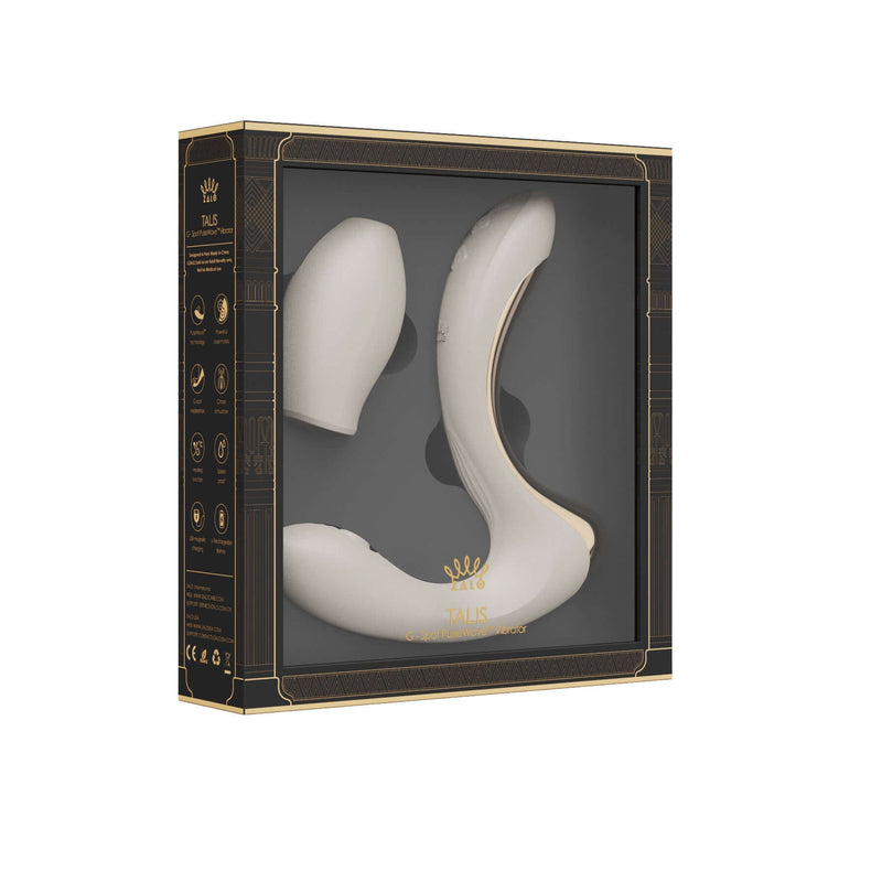 ZALO Talis G-Spot PulseWave Vibrator in packaging, ivory white color, features dual stimulation for enhanced pleasure.
