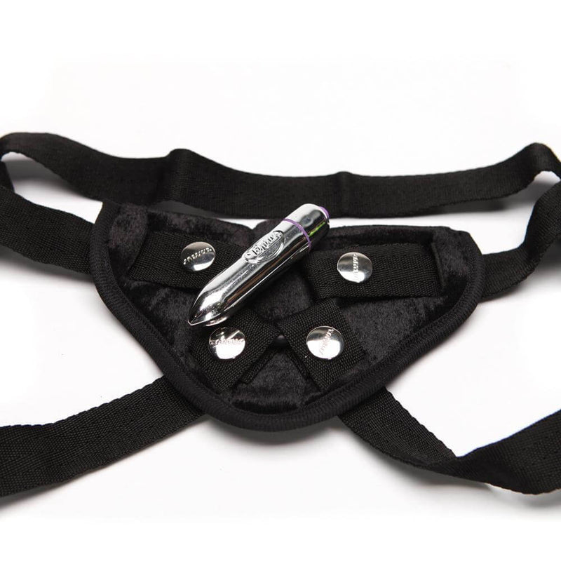 Velvet harness for strap-on kit featuring detachable bullet vibe for enhancing pleasure and stimulation.