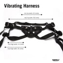 Vibrating harness dimensions showing adjustable sizes for hips and thighs for enhanced comfort and fit.