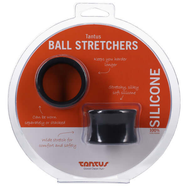 Tantus Ball Stretcher Kit in black packaging, featuring two silicone stretchers for enhanced pleasure and comfort.