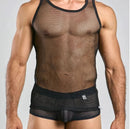 Male Basics Mob Fishnet Tank Top Black Small showcasing a man in a mesh tank top, highlighting his physique.