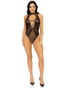 Net and Lace Keyhole Halter Bodysuit One Size Black featuring sheer net and lace detailing for a stylish look.