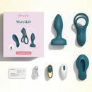 Tracy's Dog Maxikit Couples Vibrator Kit Dark Green with various body-hugging attachments and rechargeable bullet.