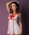 Woman wearing Tender Care Sexy Nurse Costume by Exposed Magic Silk, featuring a white mini dress with red bindings and a cross emblem.