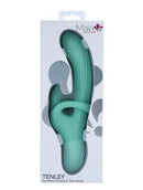 Maia Tenley Dual Motor Gyrating G-spot Vibrator displayed in packaging with body-safe materials in teal color.