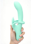 Maia Tenley Dual Motor Gyrating G-spot Vibrator held in hand, showcasing its ergonomic design and vibrant color.