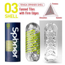 Tenga Spinner Shell Masturbator showcasing fanned tiles with firm edges and ergonomic design for enhanced pleasure.