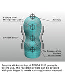 Tenga Original Vacuum Cool Cup Disposable Stroker design illustration with features like Air Hole and Squeeze Zone.