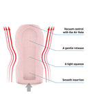 Tenga U.S Original Vacuum Cup Gentle diagram showing vacuum control, gentle release, tight squeeze, and smooth insertion.