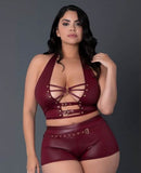 Lust Fetish Thalia Burgundy Queen Size lingerie set featuring a stunning top and shorts combo for confident allure.