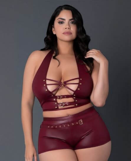 Lust Fetish Thalia Burgundy Queen Size lingerie set featuring a stunning top and shorts combo for confident allure.