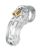 The Curve 3.75 Inch Curved Cock Cage and Lock Set Clear for secure male chastity, featuring a transparent design and brass lock.