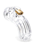 The Curve 3.75 Inch Curved Cock Cage and Lock Set Clear with a lock, designed for male chastity.