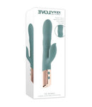 The Shimmy Vibrator with Clitoral Stimulator Green packaged, showcasing innovative design for dual stimulation.