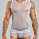 Mob Fishnet Tank Top White Large worn by model showcasing a bold, see-through design in open mesh knit.