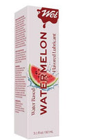 Wet Flavored Juicy Water Based Lubricant 3.1 Oz packaging featuring watermelon design and details.