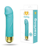 The Pleasure Company Darling Bullet Vibrator Turquoise on display with packaging, highlighting its sleek design and features.
