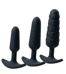 Trio Anal Plug Set in 3 sizes and textures for beginners and experts, featuring smooth, textured, and diamond-shaped weighted plugs.