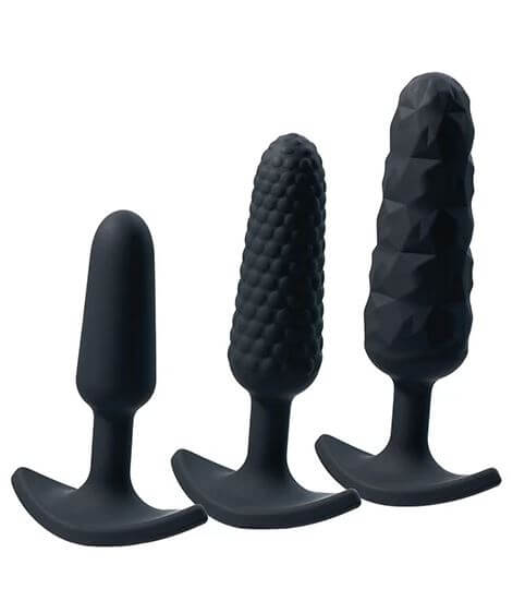 Trio Anal Plug Set in 3 sizes and textures for beginners and experts, featuring smooth, textured, and diamond-shaped weighted plugs.